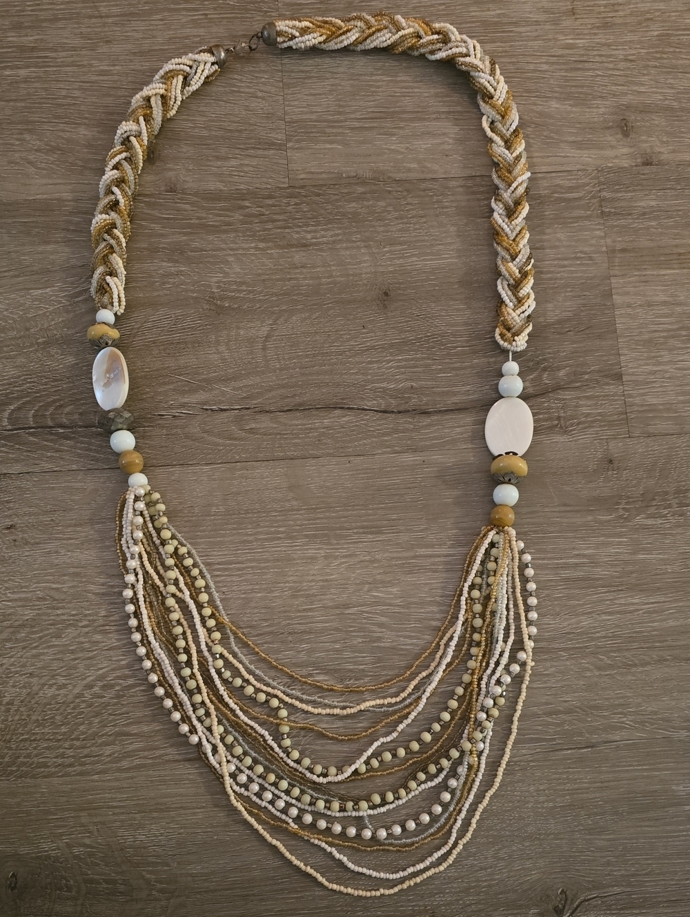 Stunning Bohemian Multi-Strand Seed Bead & Mother of Pearl Statement Necklace - Picture 2 of 8